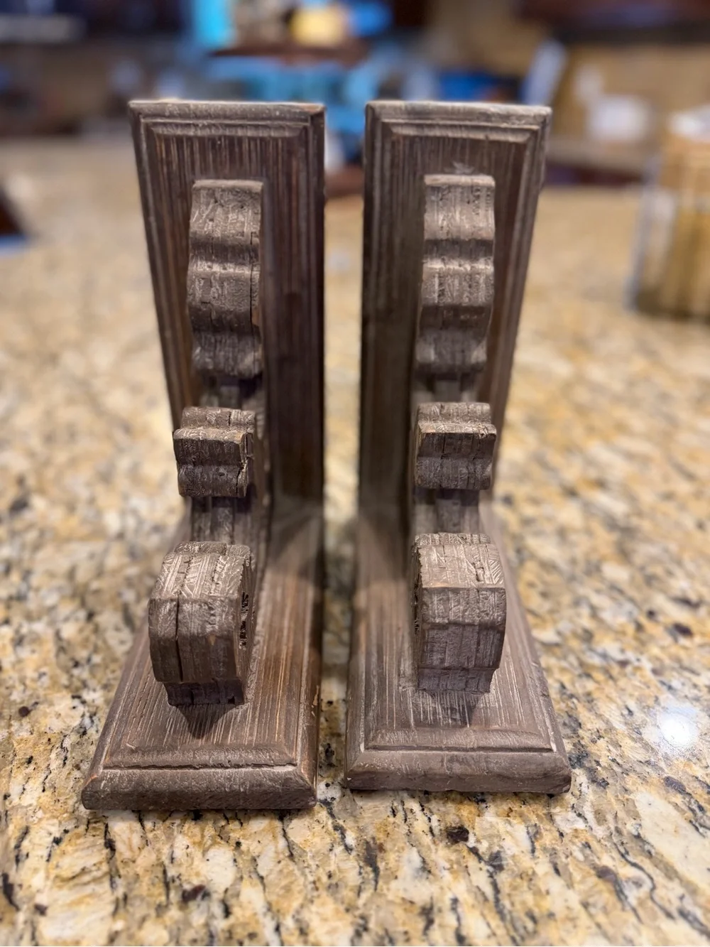 Rustic Brown Carved Wood Bookends - Pair